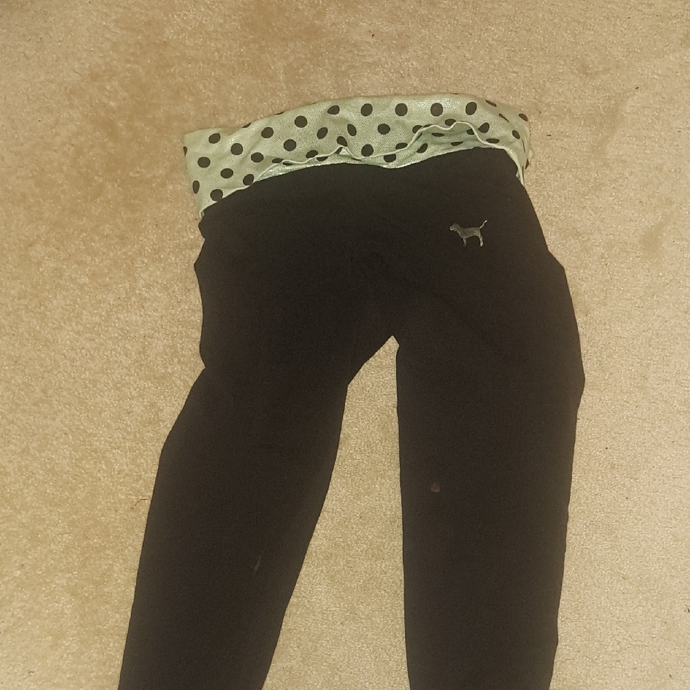 PINK By Victoria's Secret Black Leggings with Green Polka Dot Waistband